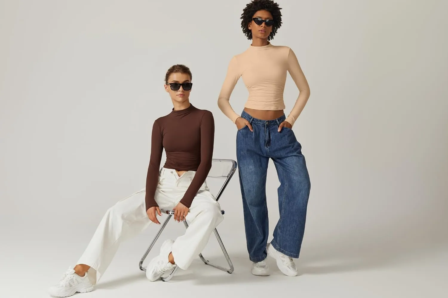 QINSEN Womens Mock Neck Long Sleeve Shirt Double Lined Basic Tees Side Ruched Going Out Crop Tops