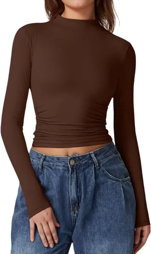 QINSEN Womens Mock Neck Long Sleeve Shirt Double Lined Basic Tees Side Ruched Going Out Crop Tops