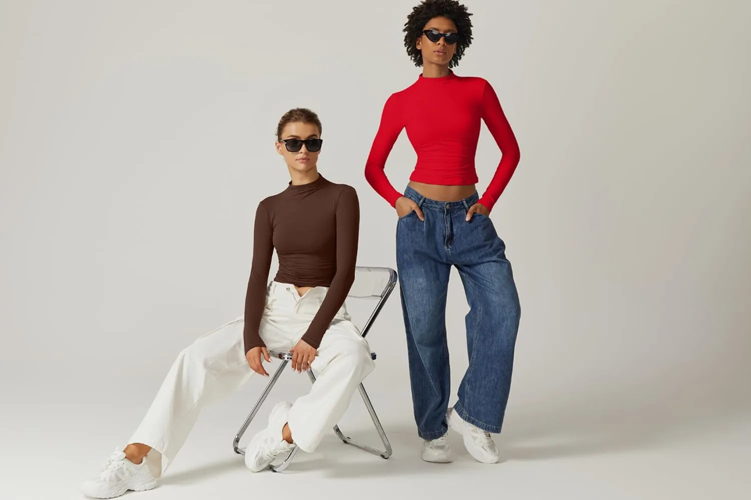 QINSEN Womens Mock Neck Long Sleeve Shirt Double Lined Basic Tees Side Ruched Going Out Crop Tops