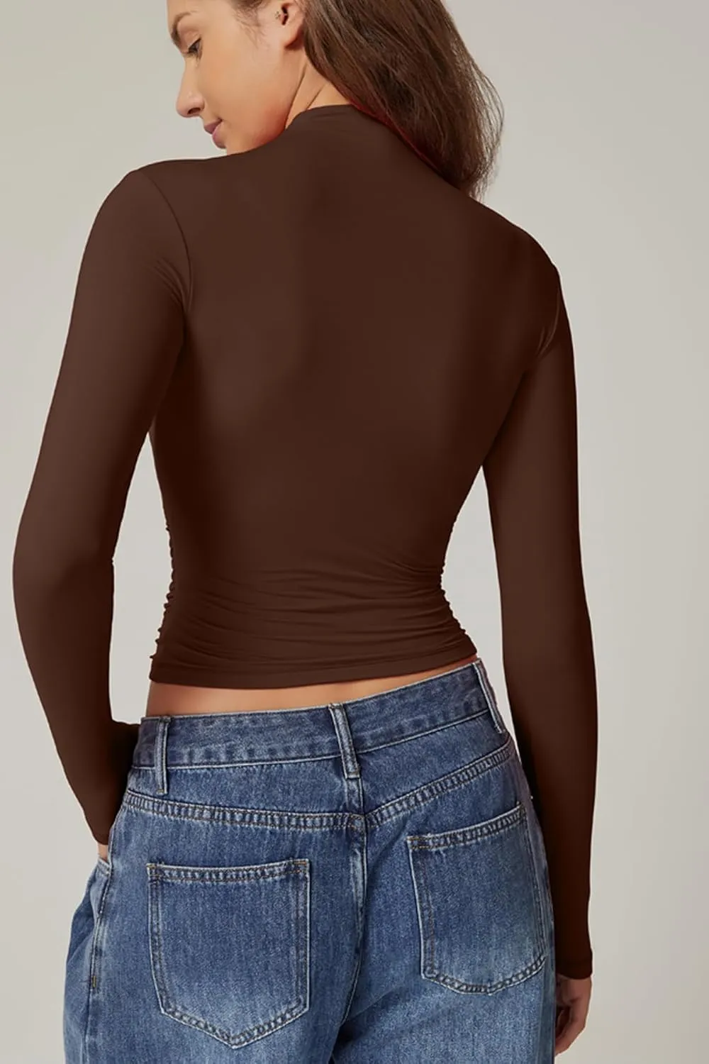 QINSEN Womens Mock Neck Long Sleeve Shirt Double Lined Basic Tees Side Ruched Going Out Crop Tops