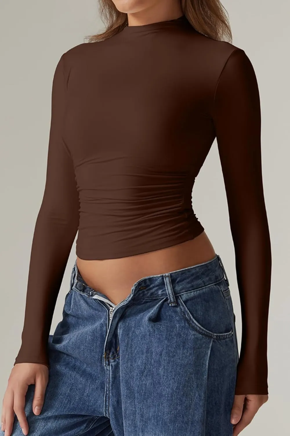 QINSEN Womens Mock Neck Long Sleeve Shirt Double Lined Basic Tees Side Ruched Going Out Crop Tops