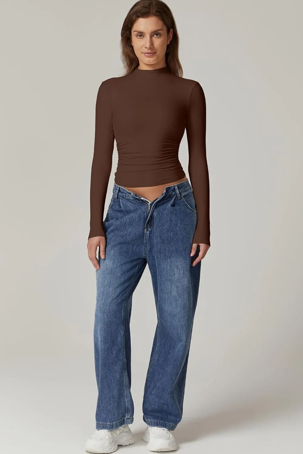 QINSEN Womens Mock Neck Long Sleeve Shirt Double Lined Basic Tees Side Ruched Going Out Crop Tops