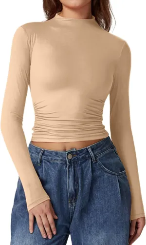 QINSEN Womens Mock Neck Long Sleeve Shirt Double Lined Basic Tees Side Ruched Going Out Crop Tops