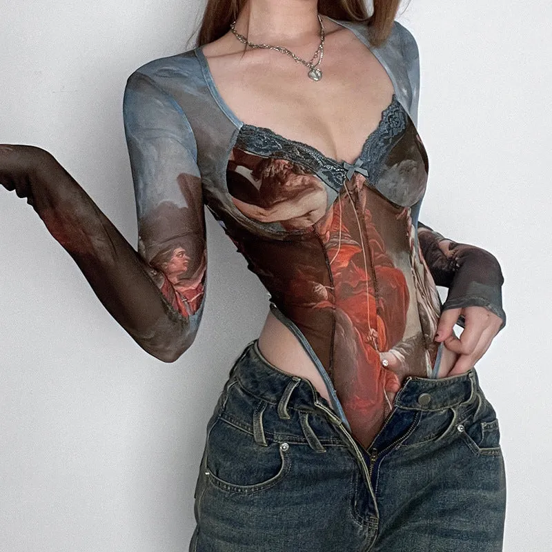 Renaissance Art Print Mesh Bodysuit
