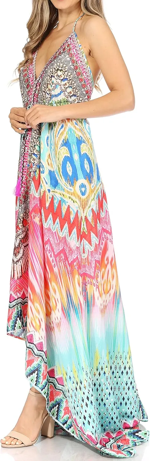 Sakkas Lizi Womens Maxi High-Low Halter Handkerchief Long Dress Beach Party