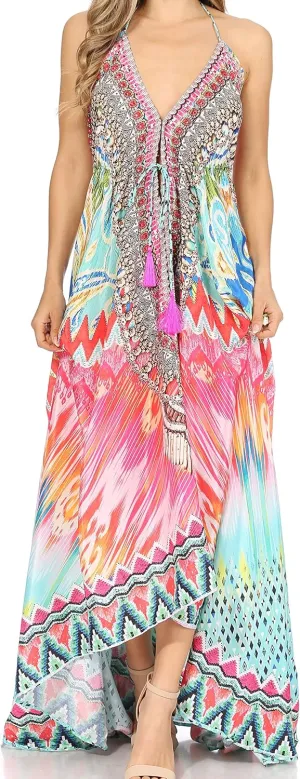 Sakkas Lizi Womens Maxi High-Low Halter Handkerchief Long Dress Beach Party