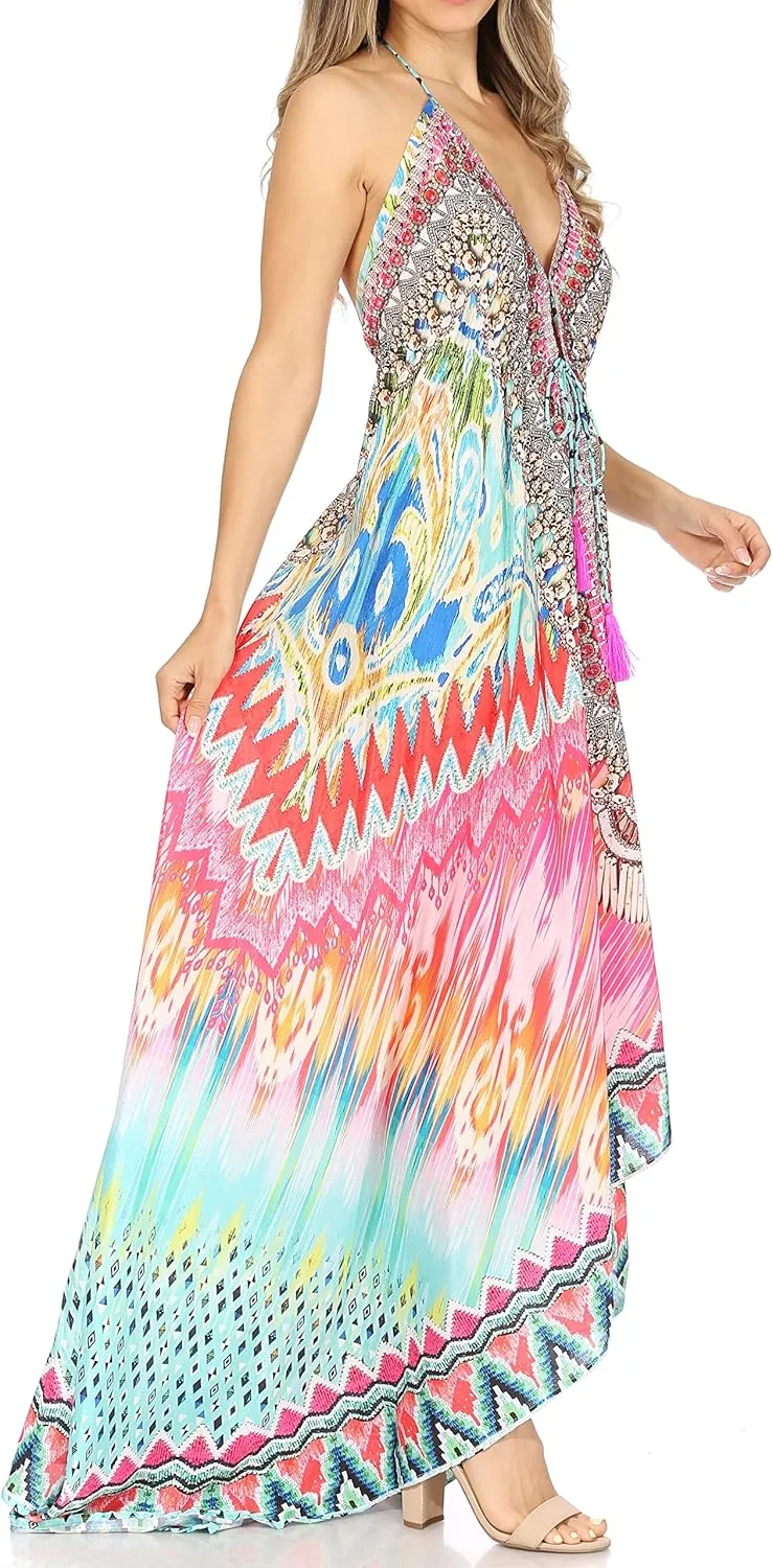 Sakkas Lizi Womens Maxi High-Low Halter Handkerchief Long Dress Beach Party