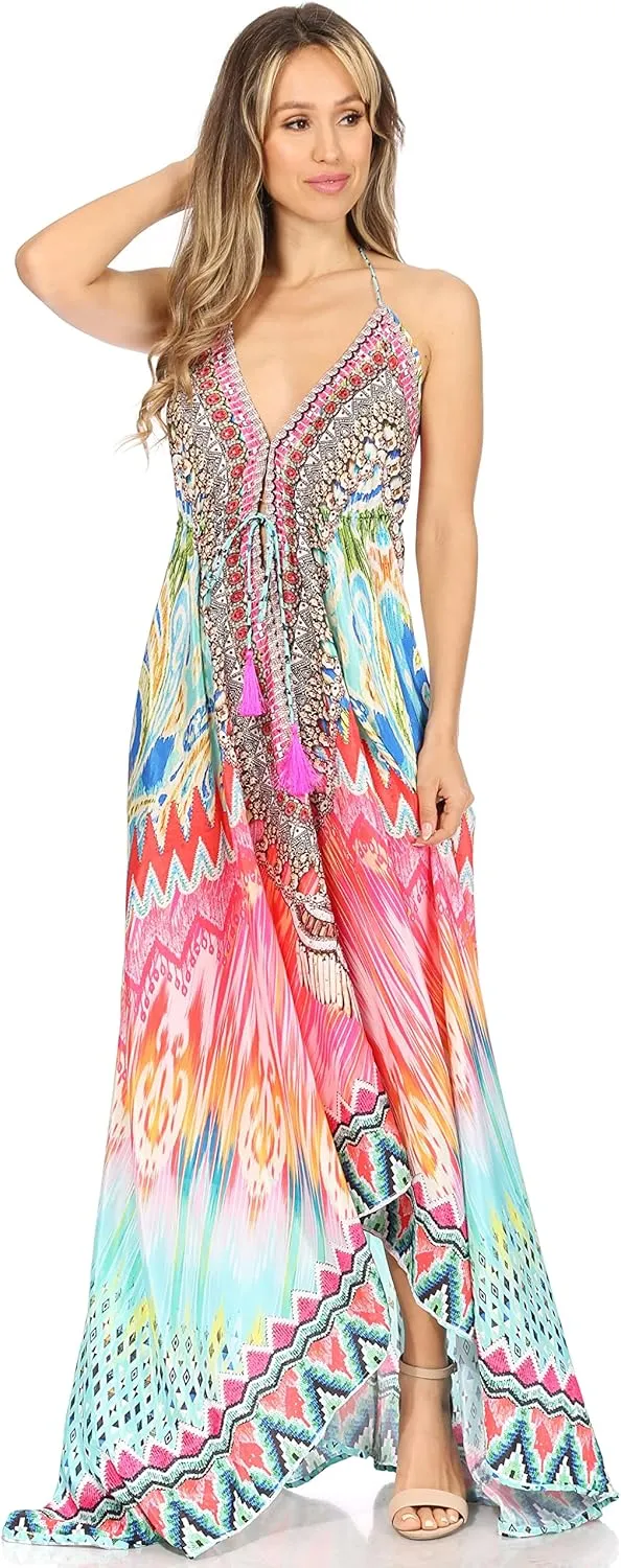 Sakkas Lizi Womens Maxi High-Low Halter Handkerchief Long Dress Beach Party