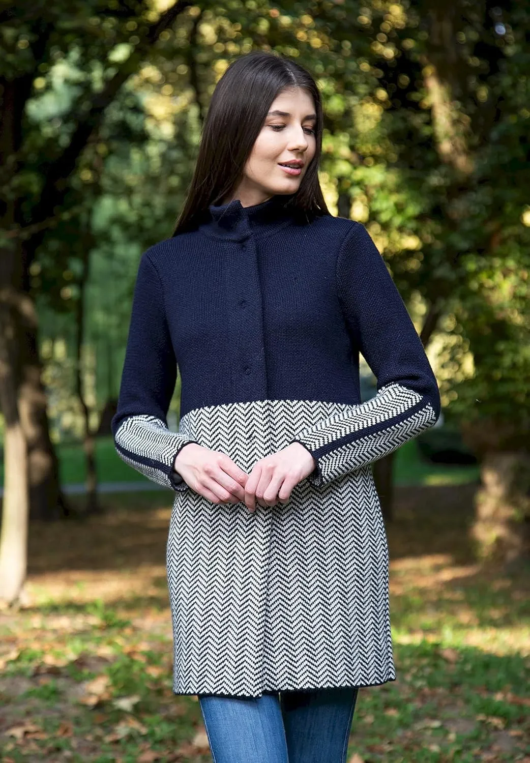 SAOL Herringbone Wool Coat Cardigan for Women