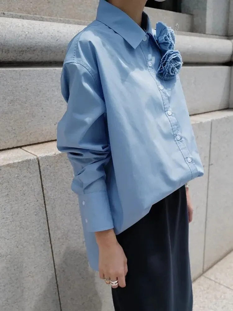 Spliced Appliques Chic Blouses For Women Lapel Long Sleeve Single Breasted Loose Casual Shirts Female Fashion