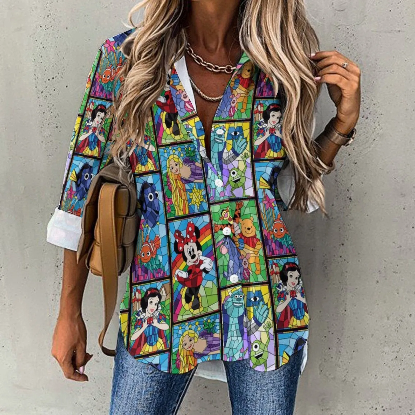 Stained Glass Characters Long Sleeve Button Up Blouse