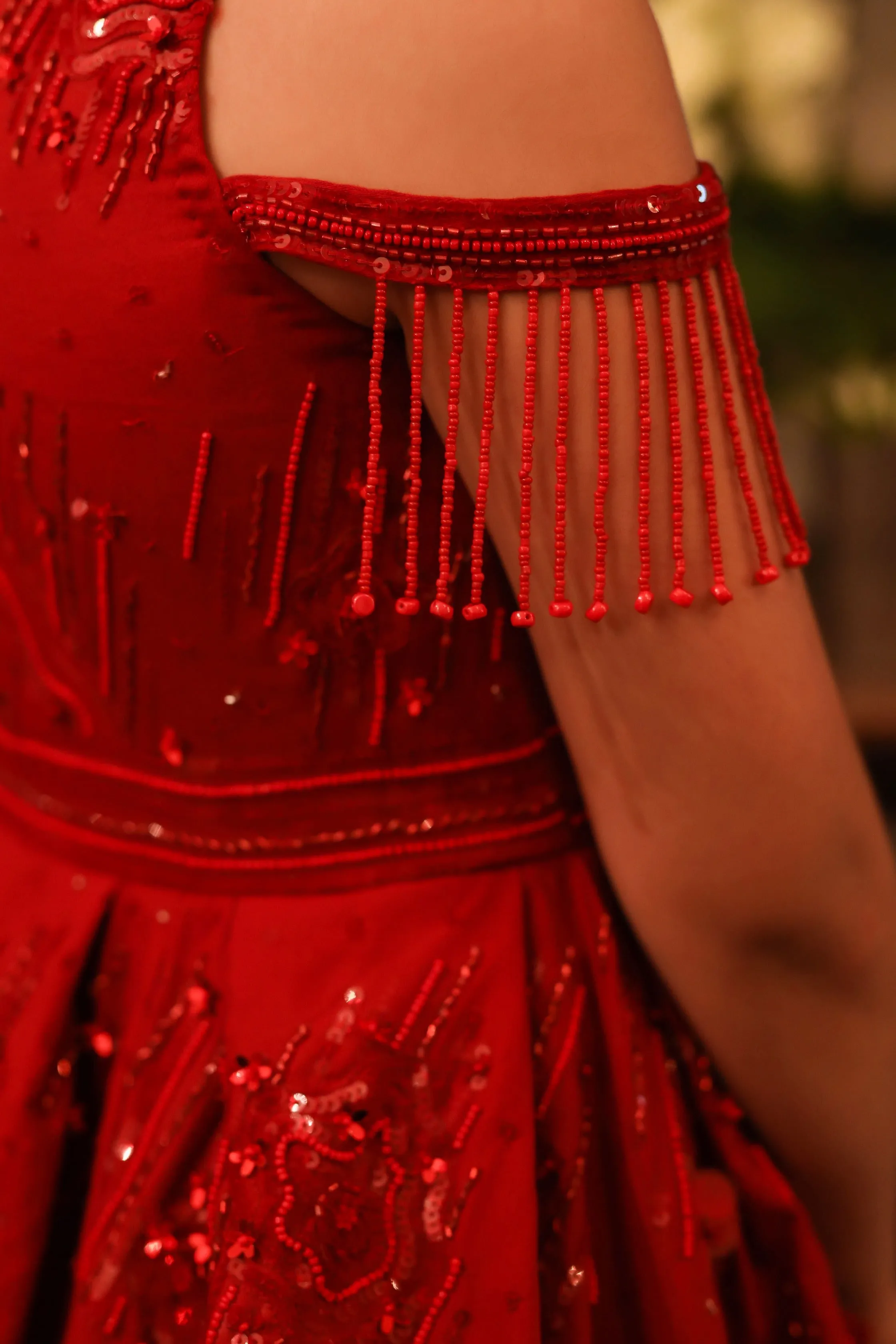 Surkh- V-Neck Embroidered Ball Gown For Girls