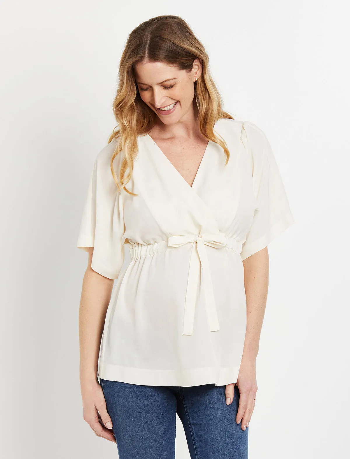 Tie Front Maternity Blouse in Egret