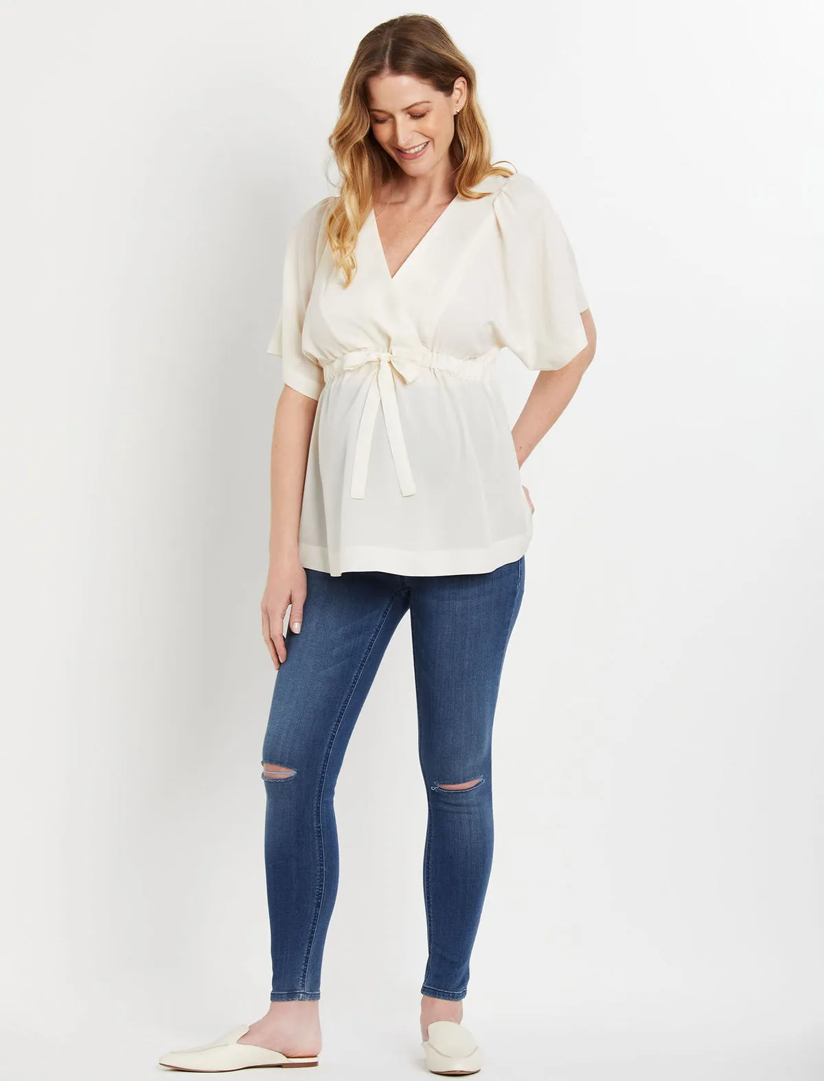 Tie Front Maternity Blouse in Egret
