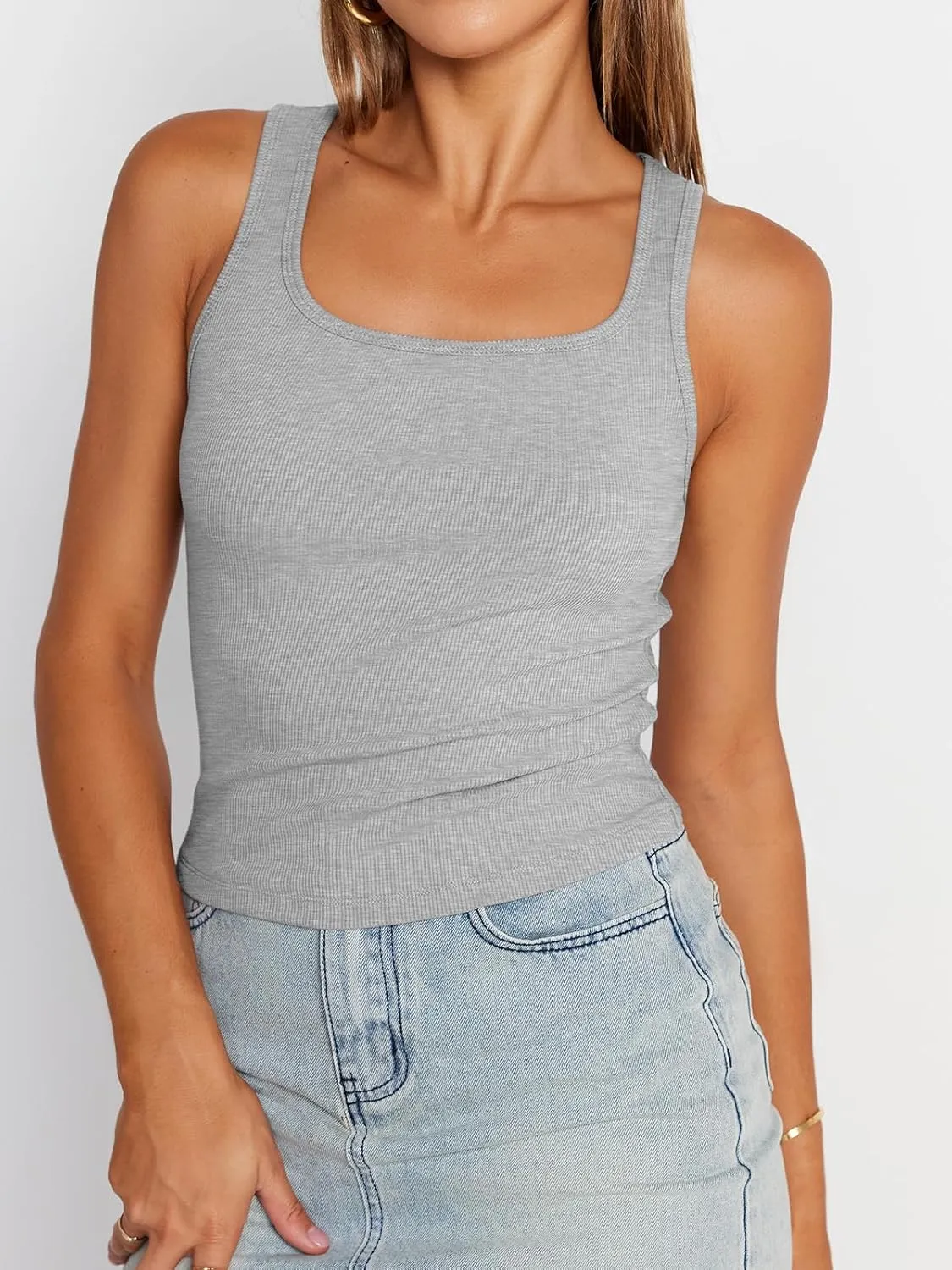 Trendy Queen Womens Summer Tank Tops Square Neck Ribbed Sleeveless Basic Crop Going Out Slim Fitted Y2k Clothes 2025