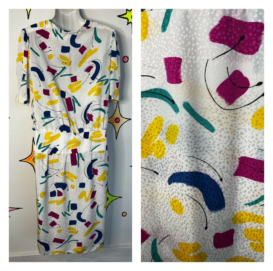 Vintage 80s | Liz Claiborne Rainbow Abstract Art Secretary Peplum Dress | Sz 12