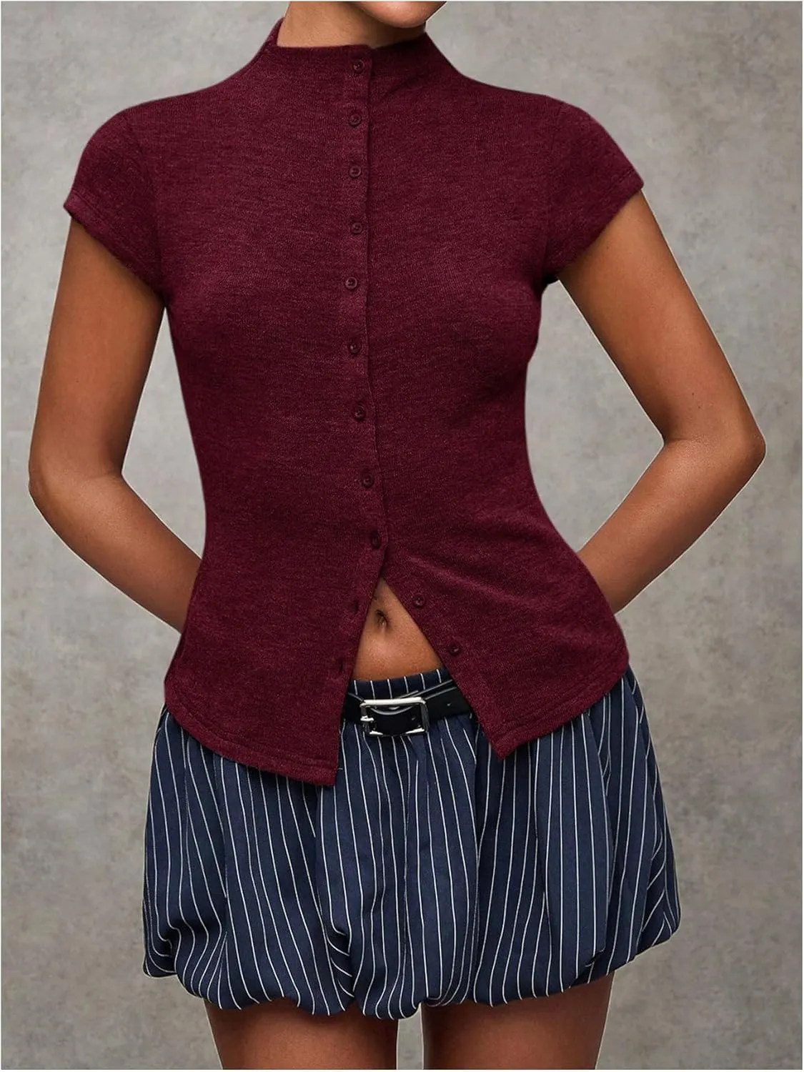 Women's Button Down Mock Neck T Shirt Cap Short Sleeve Slim Fit Knit Tee Tops