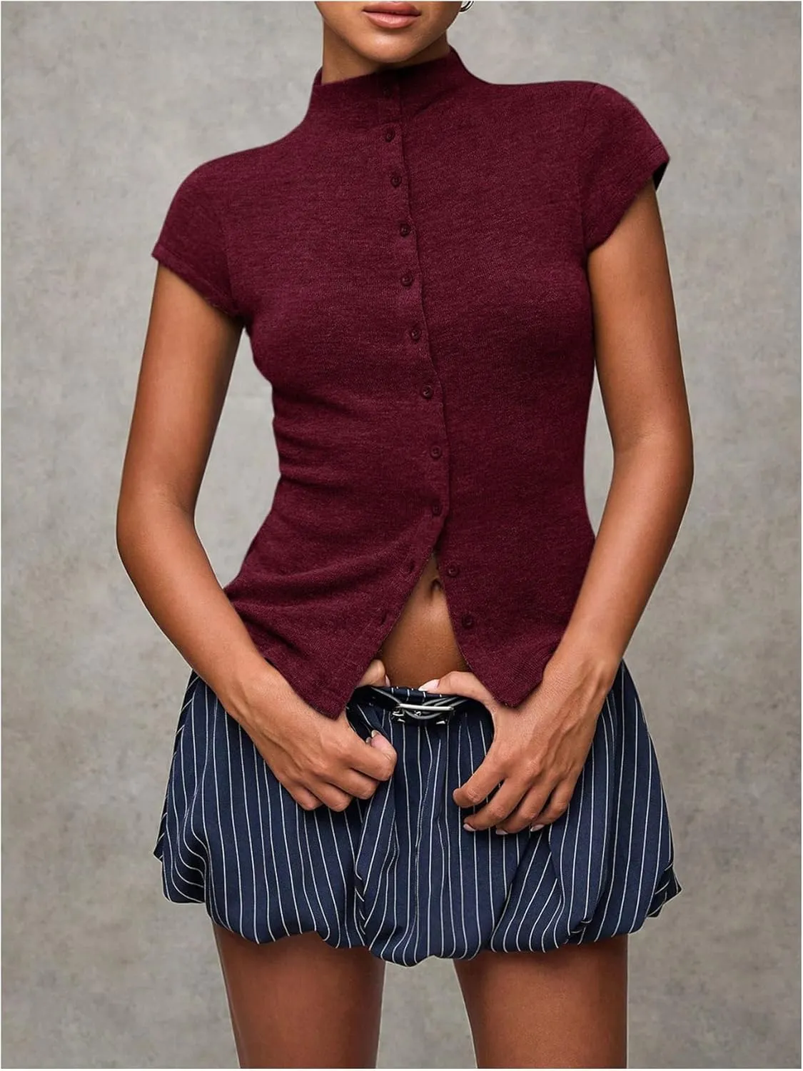 Women's Button Down Mock Neck T Shirt Cap Short Sleeve Slim Fit Knit Tee Tops