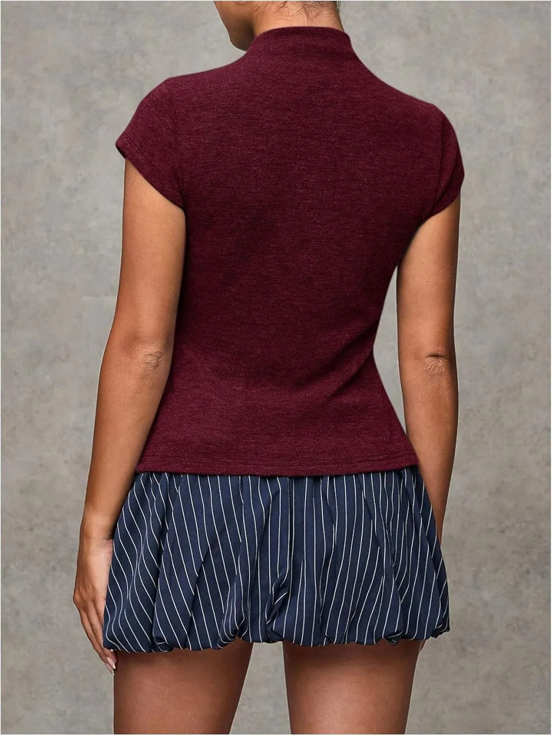Women's Button Down Mock Neck T Shirt Cap Short Sleeve Slim Fit Knit Tee Tops