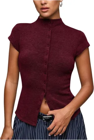 Women's Button Down Mock Neck T Shirt Cap Short Sleeve Slim Fit Knit Tee Tops
