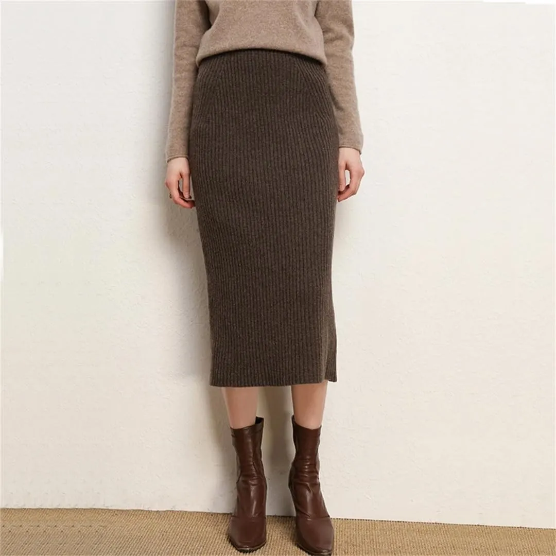 WomenS Plus Size Wool Blend Knit Pencil Skirt High Waist Slim Fit Elegant Tea-Length Skirt