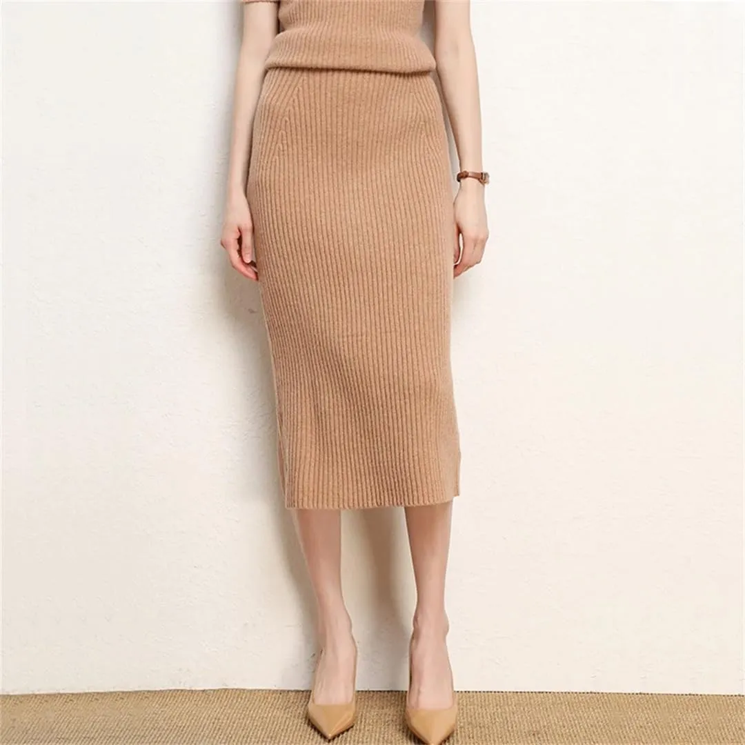 WomenS Plus Size Wool Blend Knit Pencil Skirt High Waist Slim Fit Elegant Tea-Length Skirt