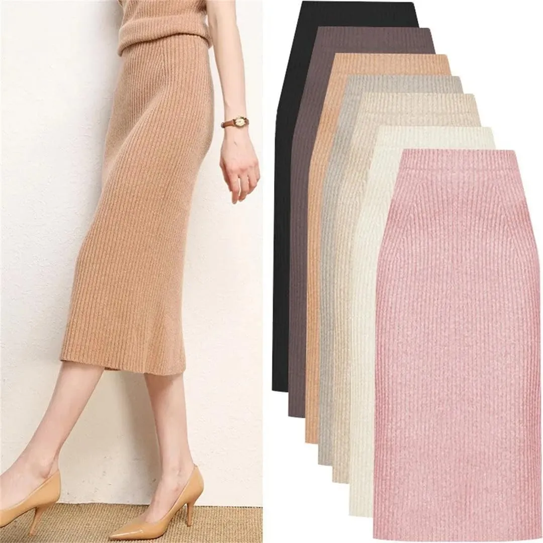WomenS Plus Size Wool Blend Knit Pencil Skirt High Waist Slim Fit Elegant Tea-Length Skirt