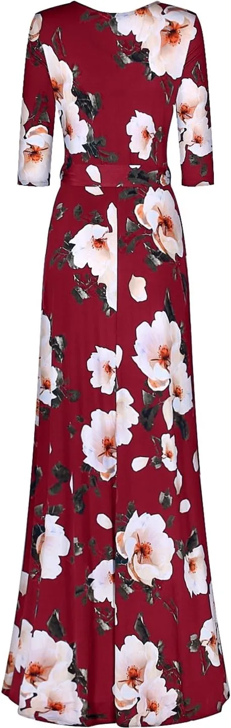 Women's Super Stretchy Maxi Party Dress Spring Floral Print Faux Wrap 3/4 Sleeve V-Neck