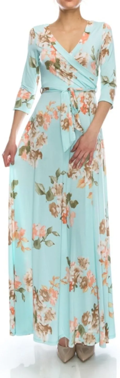 Women's Super Stretchy Maxi Party Dress Spring Floral Print Faux Wrap 3/4 Sleeve V-Neck