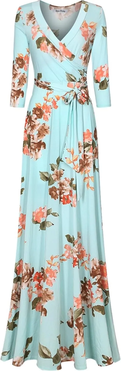 Women's Super Stretchy Maxi Party Dress Spring Floral Print Faux Wrap 3/4 Sleeve V-Neck