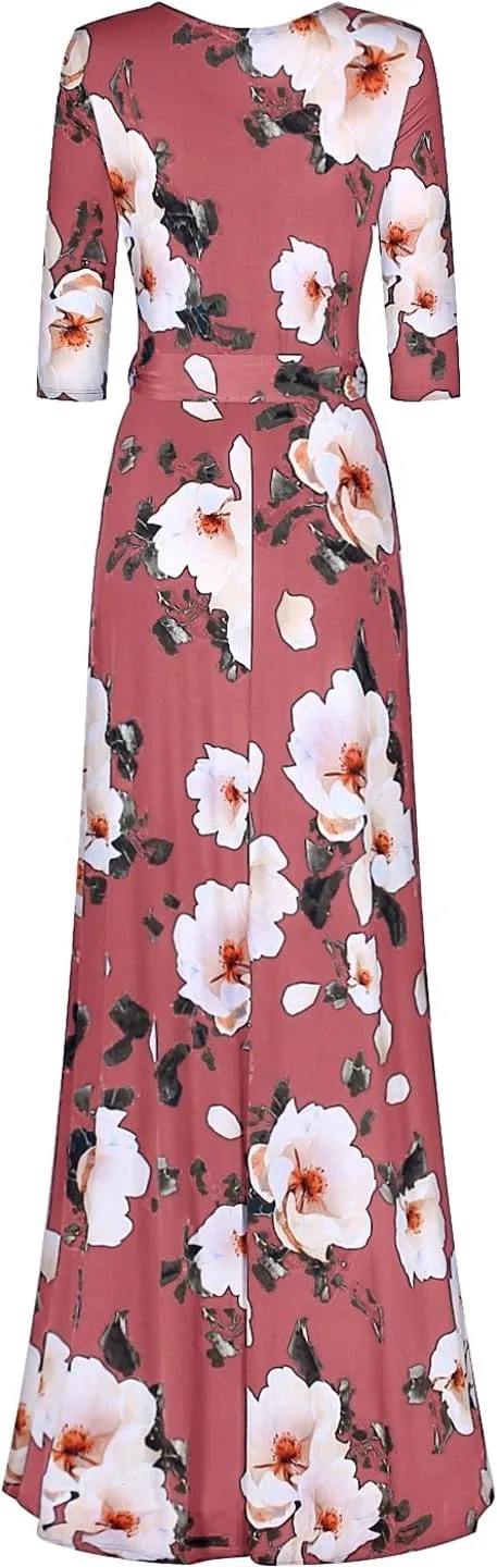 Women's Super Stretchy Maxi Party Dress Spring Floral Print Faux Wrap 3/4 Sleeve V-Neck