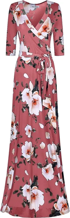 Women's Super Stretchy Maxi Party Dress Spring Floral Print Faux Wrap 3/4 Sleeve V-Neck