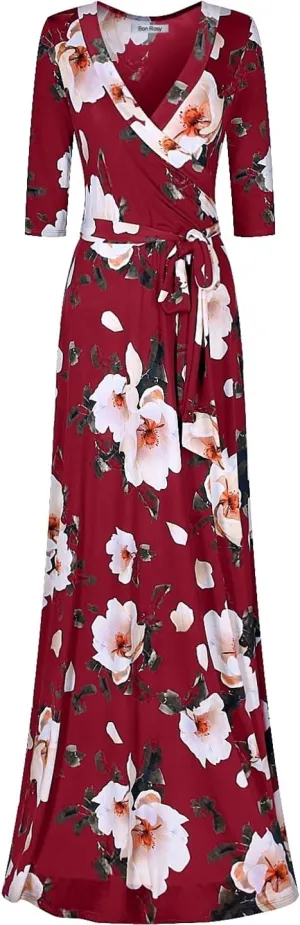 Women's Super Stretchy Maxi Party Dress Spring Floral Print Faux Wrap 3/4 Sleeve V-Neck