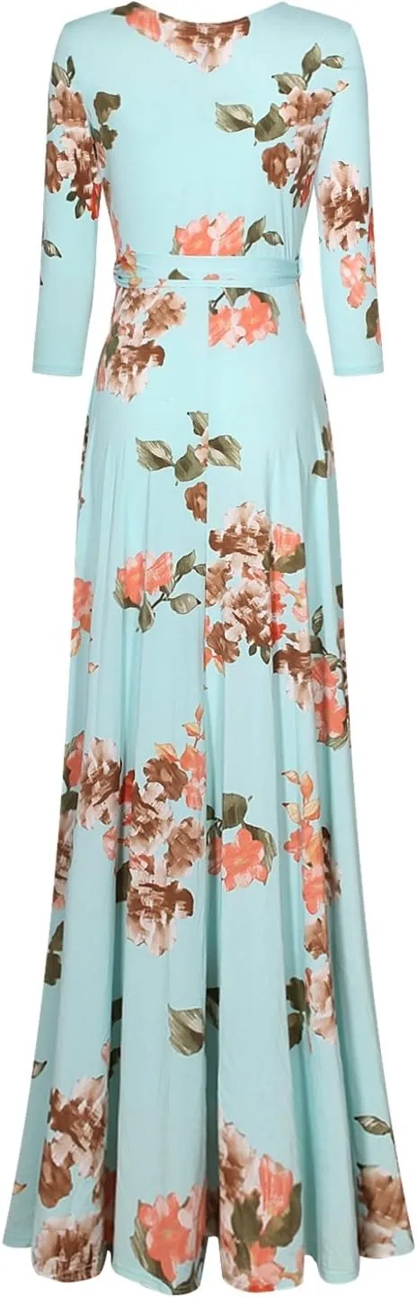 Women's Super Stretchy Maxi Party Dress Spring Floral Print Faux Wrap 3/4 Sleeve V-Neck