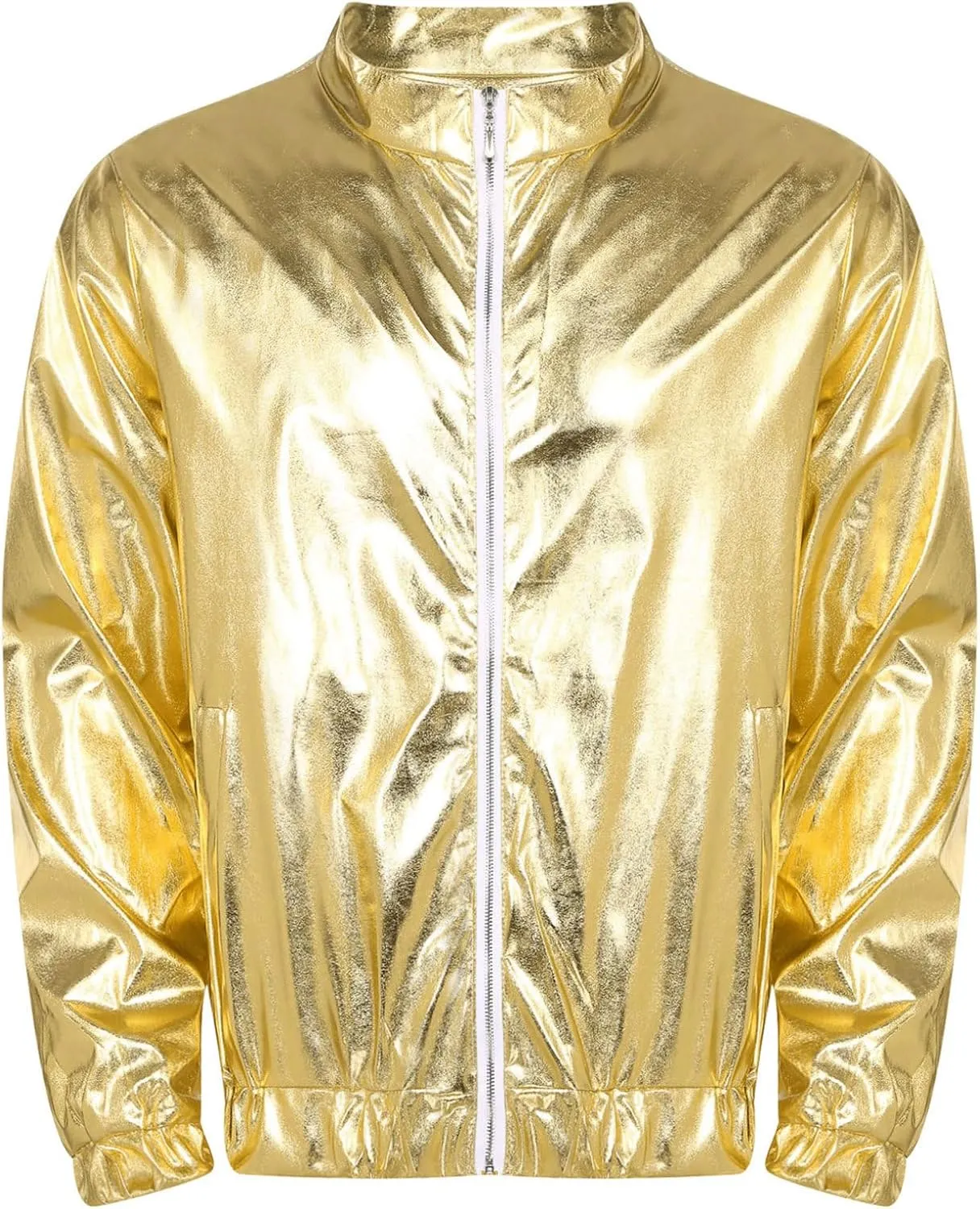 YEAHDOR Mens Shiny Metallic Holographic Jackets Long Sleeve Zip-up Outerwear 80s Disco Party Clubwear