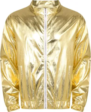 YEAHDOR Mens Shiny Metallic Holographic Jackets Long Sleeve Zip-up Outerwear 80s Disco Party Clubwear