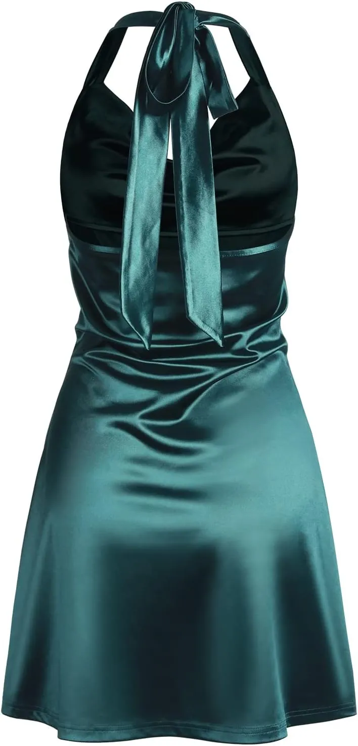 ZAFUL Women Halterneck Satin Mini Dress Sexy Cowl Neck Silky Party Cocktail Club Dress